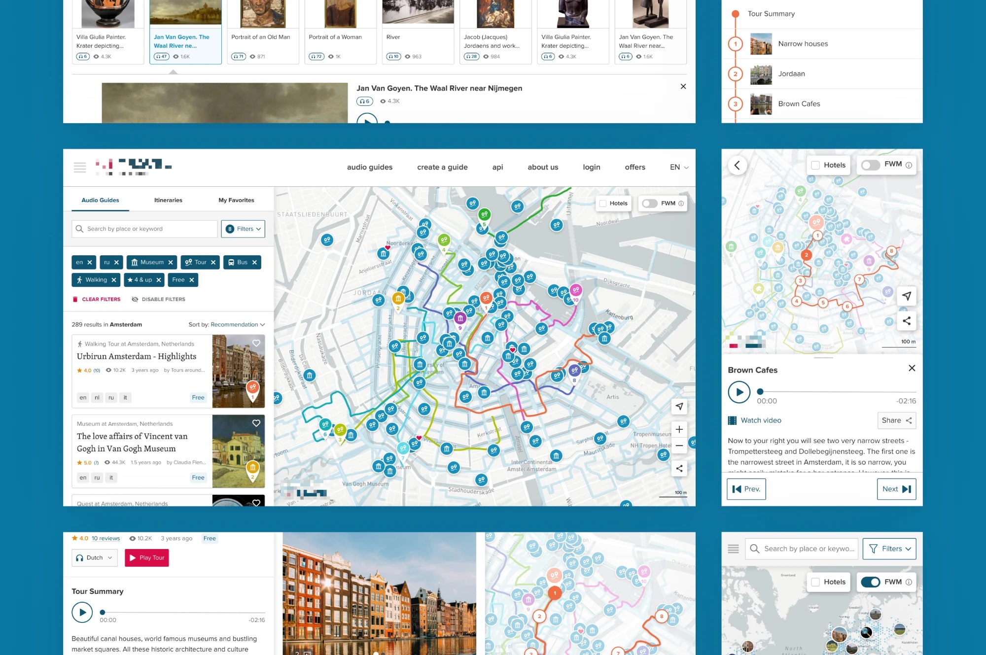 Audio guide platform with tours on a map of Amsterdam, filters and tour player on desktop and mobile
