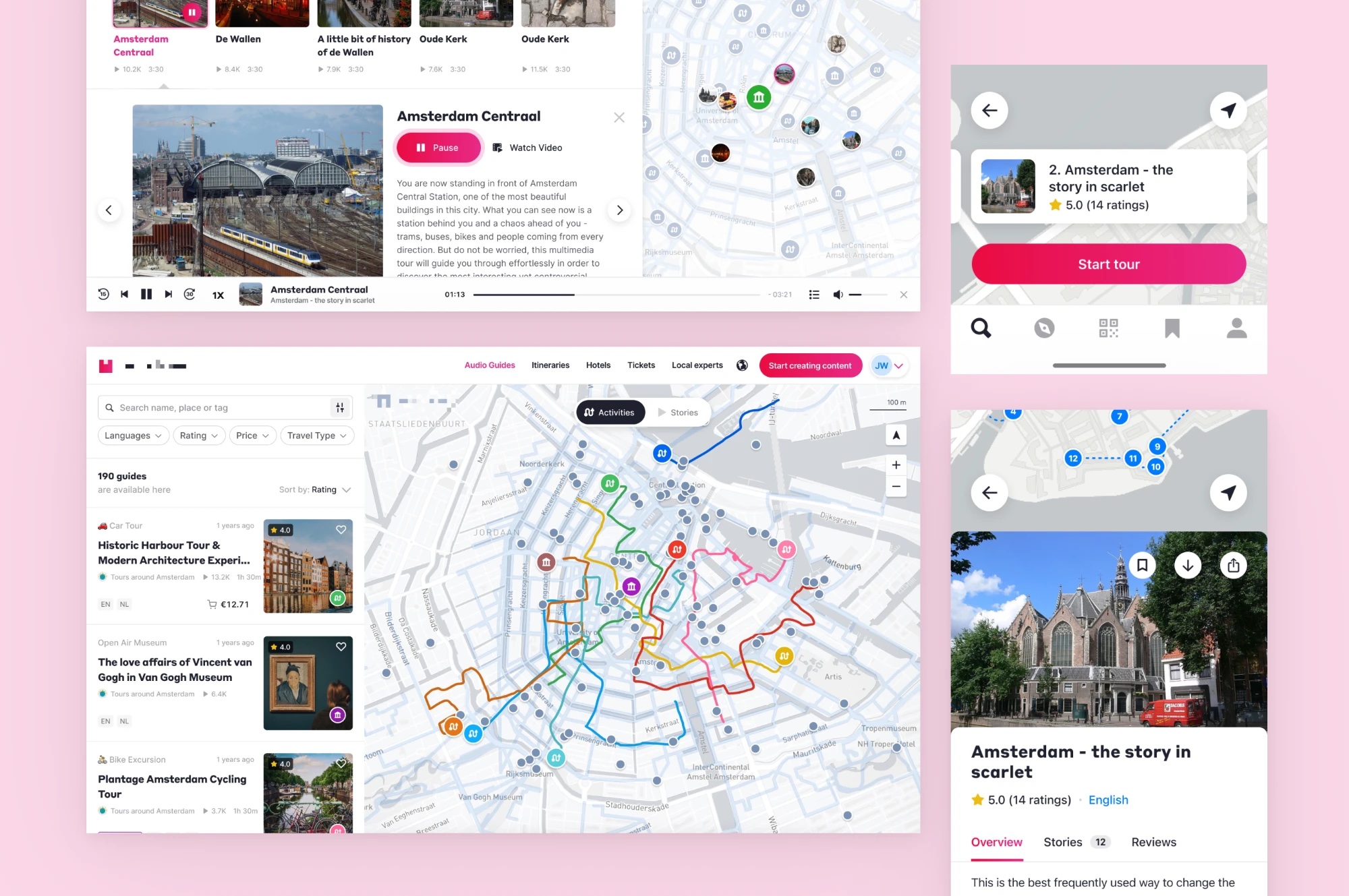 Audio guide platform redesign: map with tour routes, guide list, audio player and mobile tour detail