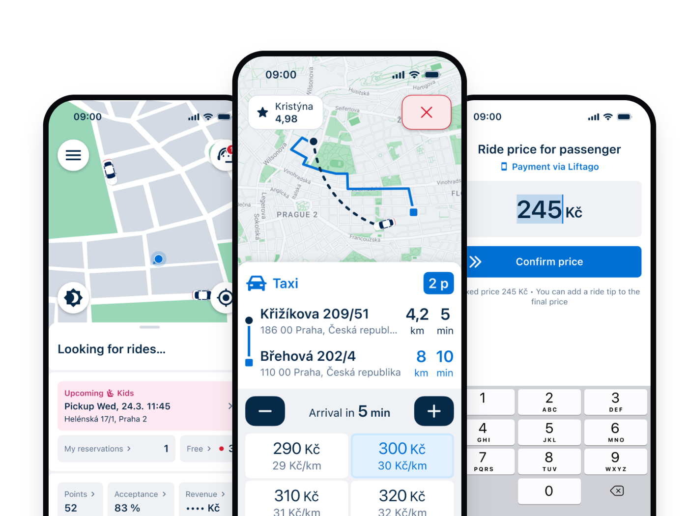 Liftago driver app on iOS: online workspace, a ride inquiry with price options, and end-of-ride price entry