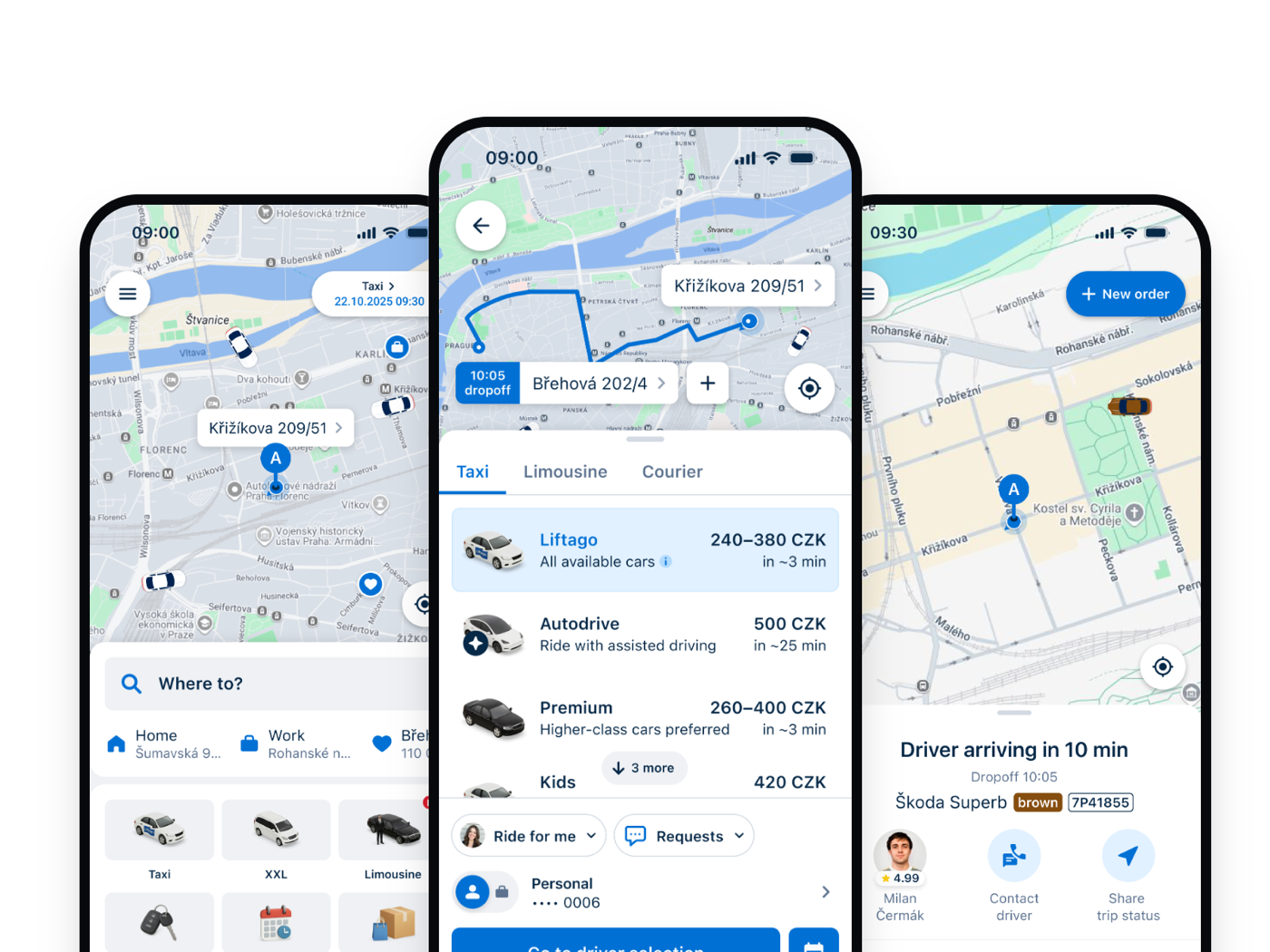 Liftago passenger app on iOS: home screen, ride overview with ride tiers, and a ride in progress