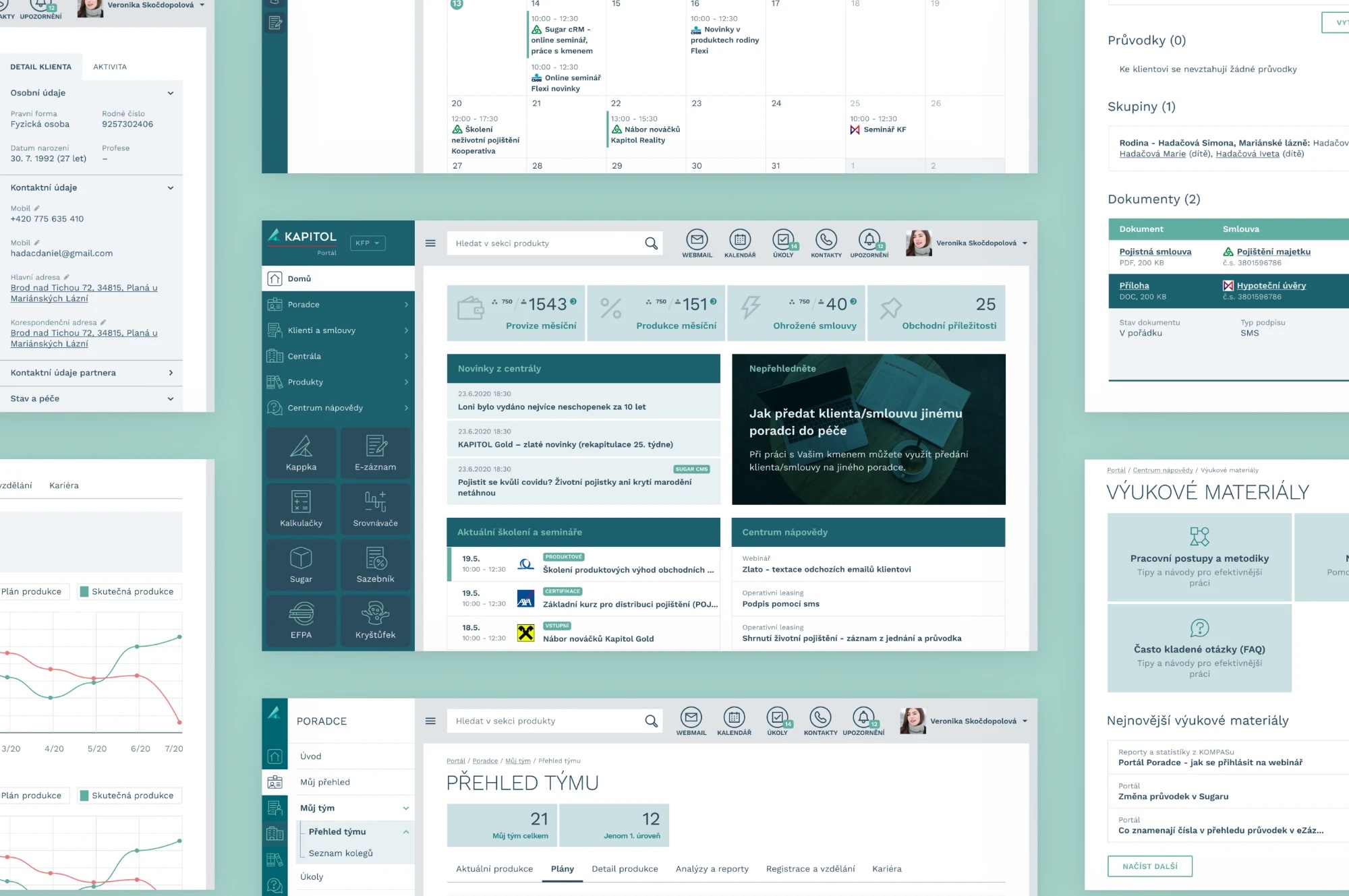 Kapitol portal for financial advisors: dashboard, calendar, client detail and team overview