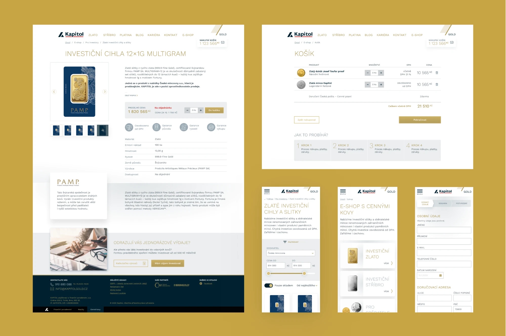 Kapitol Gold e-shop for investment metals on desktop and mobile: product detail, cart and checkout
