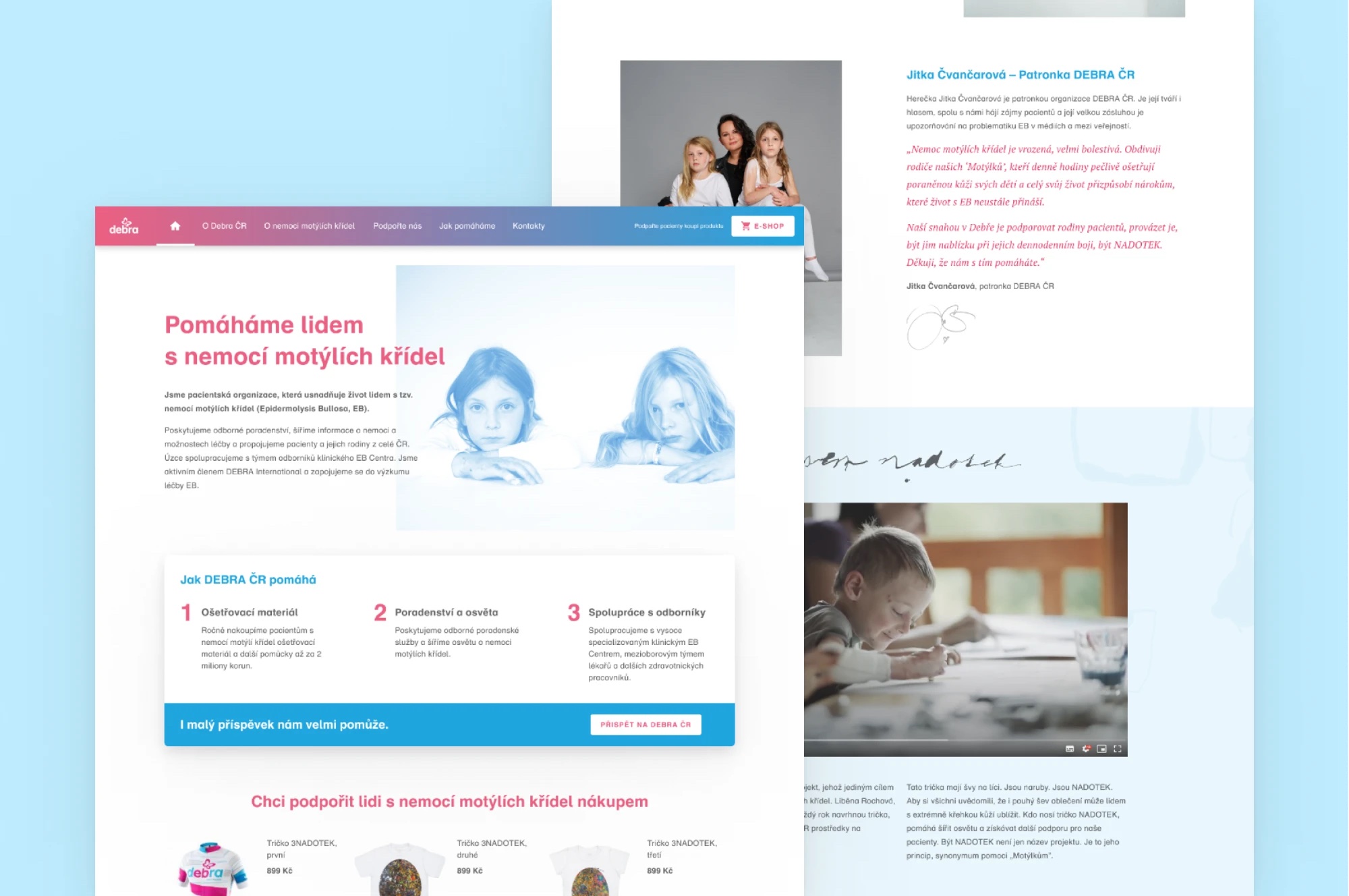 Debra ČR patient organisation website: homepage and patron story