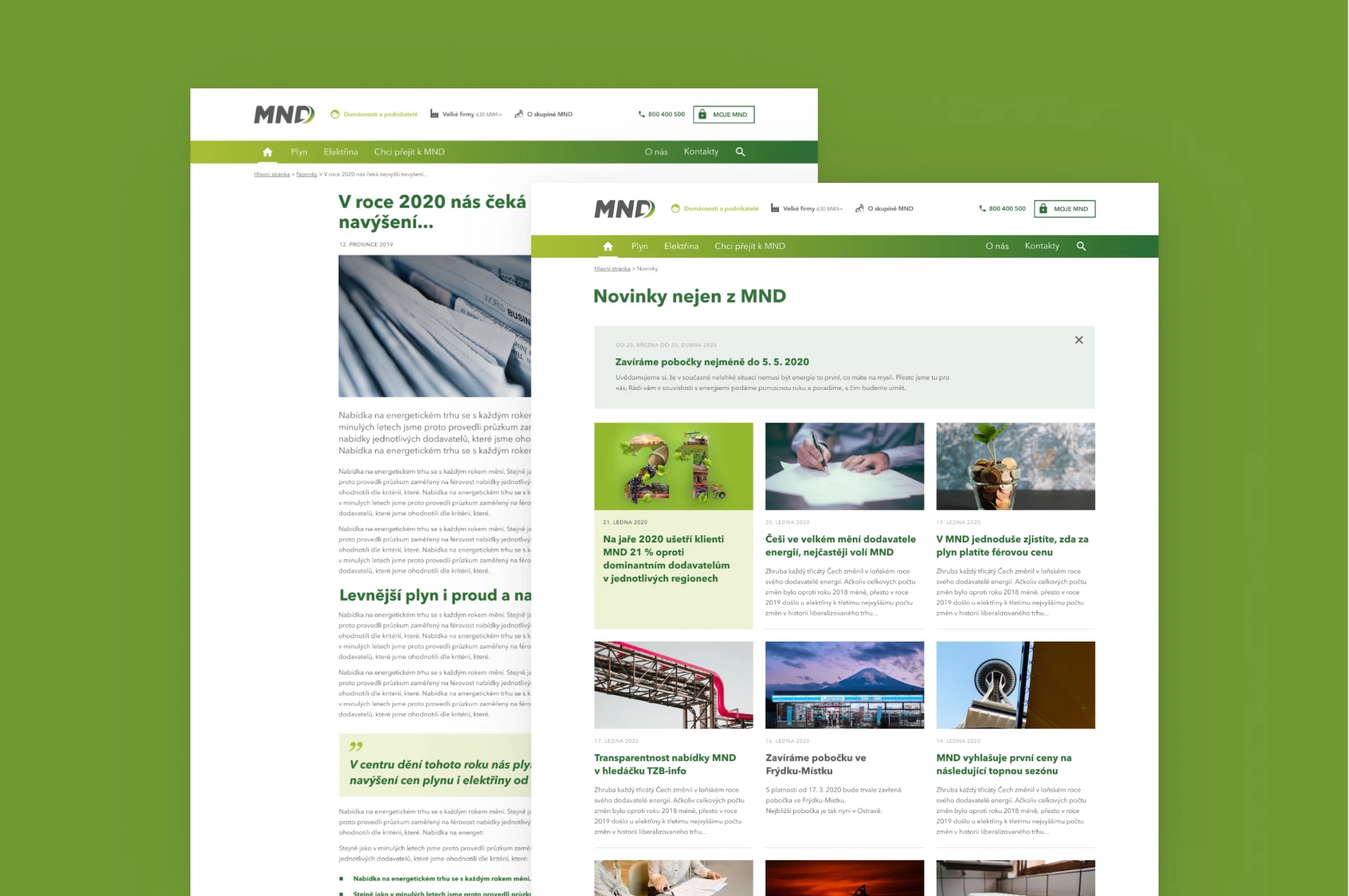 MND energy supplier website: news listing and article detail
