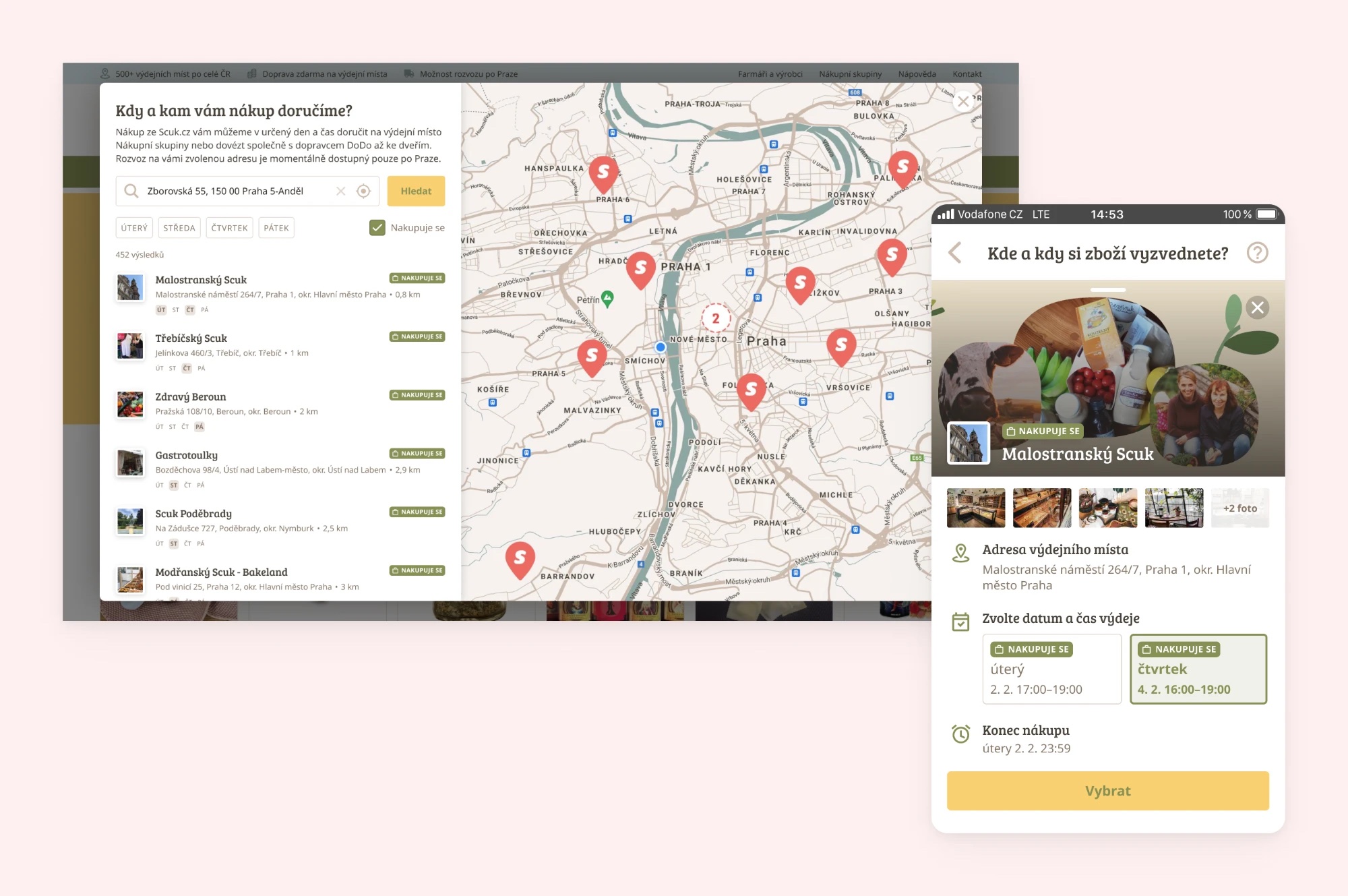 Scuk.cz pickup-point map on desktop and pickup-point detail on mobile