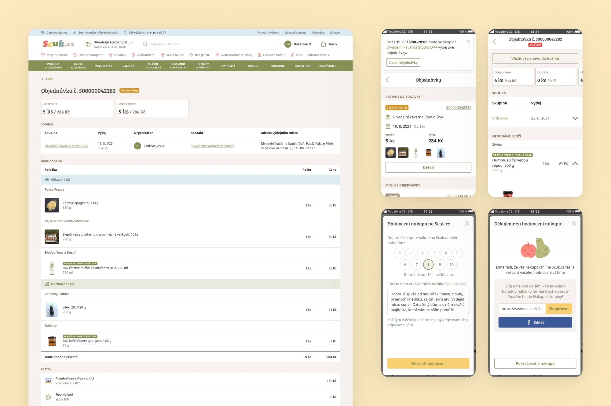 Scuk.cz order detail on desktop, with orders, order detail and purchase rating on mobile