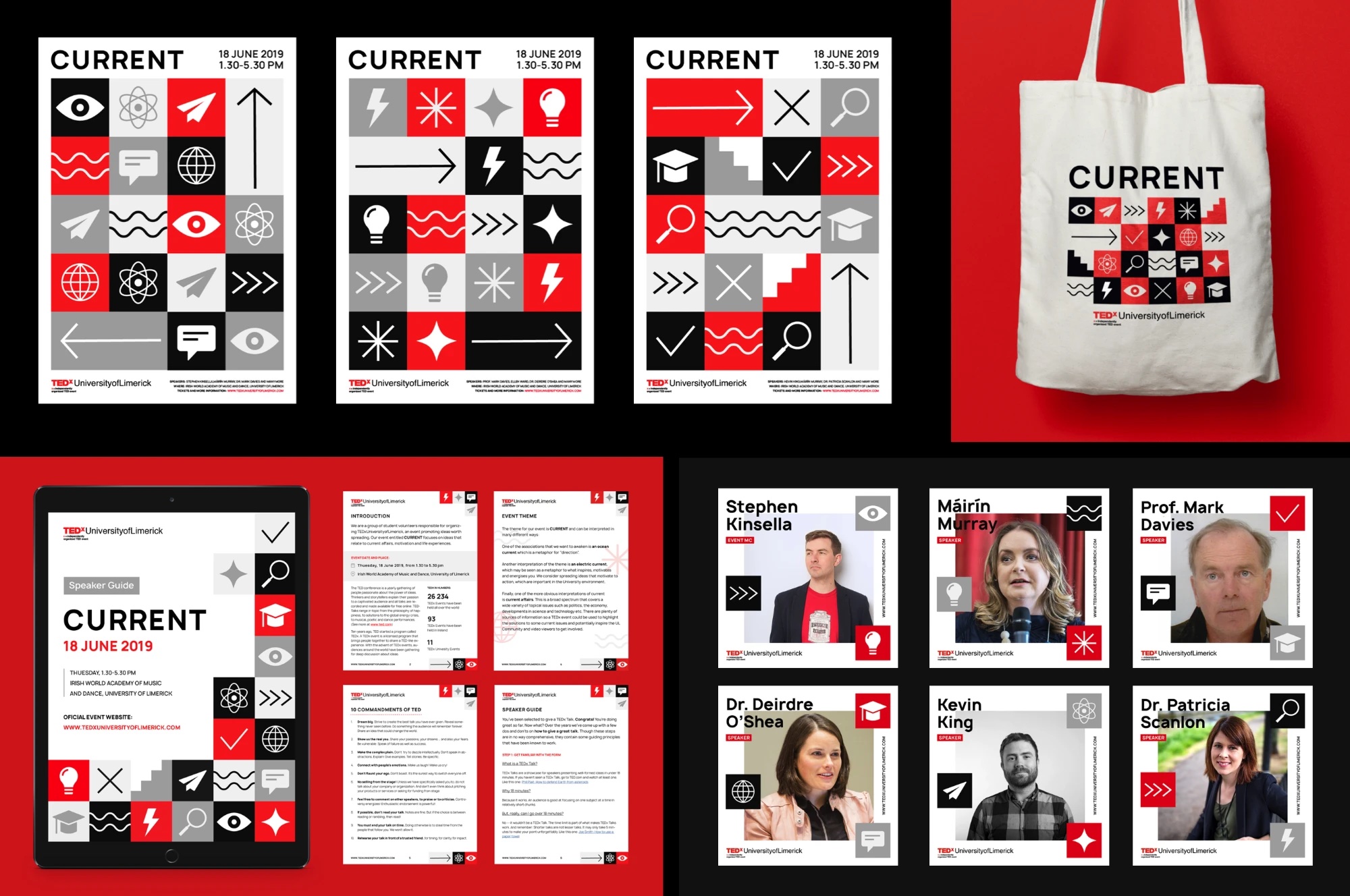 TEDx University of Limerick event identity: posters, tote bag, speaker guide and speaker cards