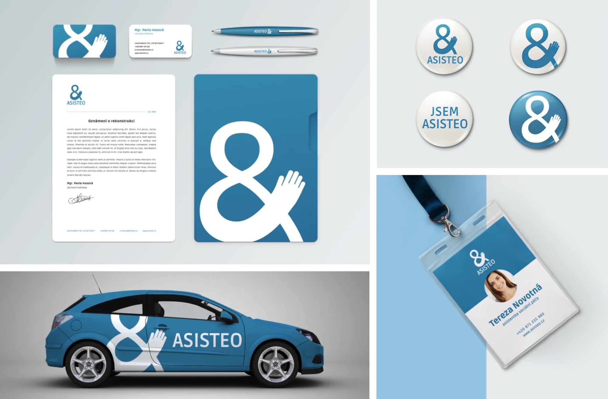Asisteo brand identity: stationery, badges, car livery and ID card